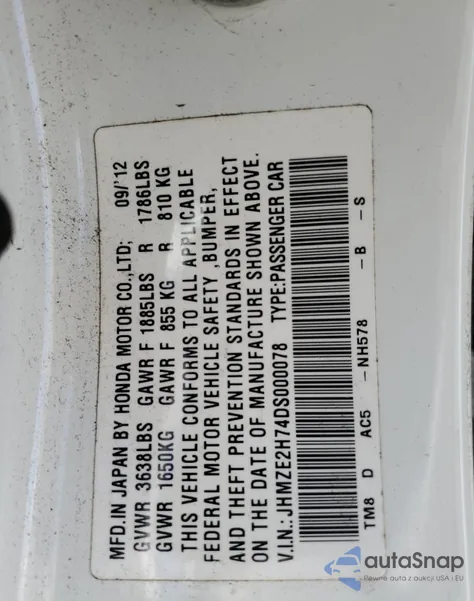 2013 Honda Insight Ex z USA, uszkodzony, nr VIN JHMZE2H74DS000078